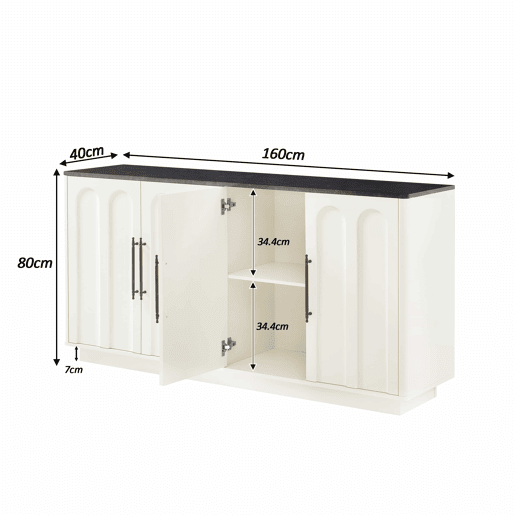 Aparador de 160 cm - frente arqueada, 4 portas, dobradiças com fecho suave, sistema anti-tombamento, armário de arrumação para sala de estar e sala de jantar - branco e preto Aparador de 160 cm - frente arqueada, 4 portas, dobradiças com fecho suave, sistema anti-tombamento, armário de arrumação para sala de estar e sala de jantar - branco e preto