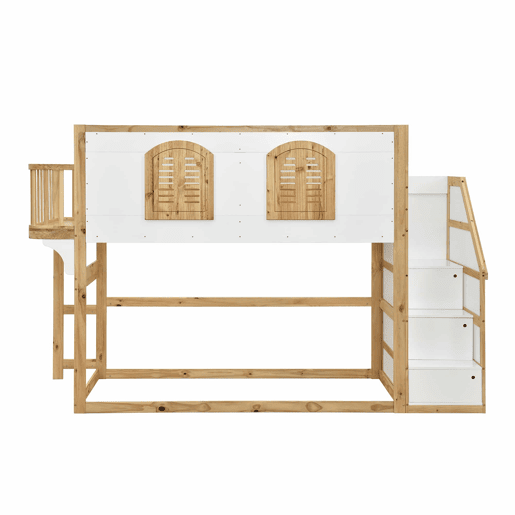 Cama alta infantil em madeira maciça 90x200 cm - Com escada, roupeiro, zona de brincar, design com janelas e base de ripas resistente - Branco e natural Cama alta infantil em madeira maciça 90x200 cm - Com escada, roupeiro, zona de brincar, design com janelas e base de ripas resistente - Branco e natural