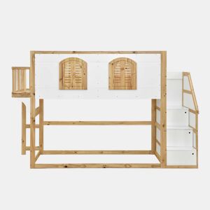 Cama alta infantil em madeira maciça 90x200 cm - Com escada, roupeiro, zona de brincar, design com janelas e base de ripas resistente - Branco e natural