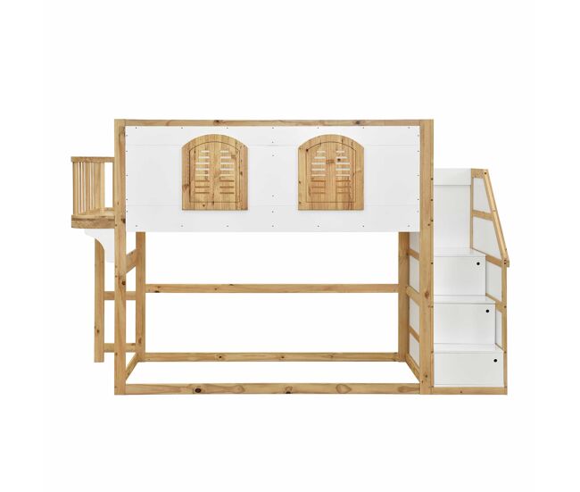Cama alta infantil de madera maciza 90x200 cm - con escalera con armario, zona de juego, diseño con ventanas y somier de láminas resistente - blanco y