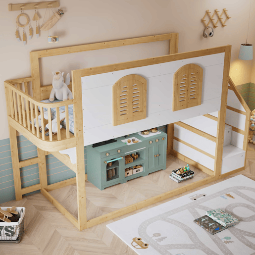 Cama alta infantil em madeira maciça 90x200 cm - Com escada, roupeiro, zona de brincar, design com janelas e base de ripas resistente - Branco e natural Cama alta infantil em madeira maciça 90x200 cm - Com escada, roupeiro, zona de brincar, design com janelas e base de ripas resistente - Branco e natural