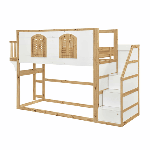 Cama alta infantil em madeira maciça 90x200 cm - Com escada, roupeiro, zona de brincar, design com janelas e base de ripas resistente - Branco e natural Cama alta infantil em madeira maciça 90x200 cm - Com escada, roupeiro, zona de brincar, design com janelas e base de ripas resistente - Branco e natural