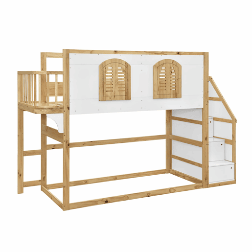 Cama alta infantil em madeira maciça 90x200 cm - Com escada, roupeiro, zona de brincar, design com janelas e base de ripas resistente - Branco e natural Cama alta infantil em madeira maciça 90x200 cm - Com escada, roupeiro, zona de brincar, design com janelas e base de ripas resistente - Branco e natural