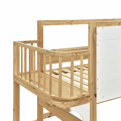 Cama alta infantil em madeira maciça 90x200 cm - Com escada, roupeiro, zona de brincar, design com janelas e base de ripas resistente - Branco e natural Cama alta infantil em madeira maciça 90x200 cm - Com escada, roupeiro, zona de brincar, design com janelas e base de ripas resistente - Branco e natural