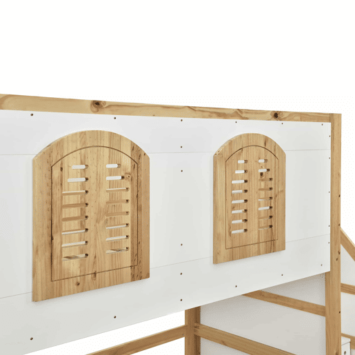 Cama alta infantil em madeira maciça 90x200 cm - Com escada, roupeiro, zona de brincar, design com janelas e base de ripas resistente - Branco e natural Cama alta infantil em madeira maciça 90x200 cm - Com escada, roupeiro, zona de brincar, design com janelas e base de ripas resistente - Branco e natural