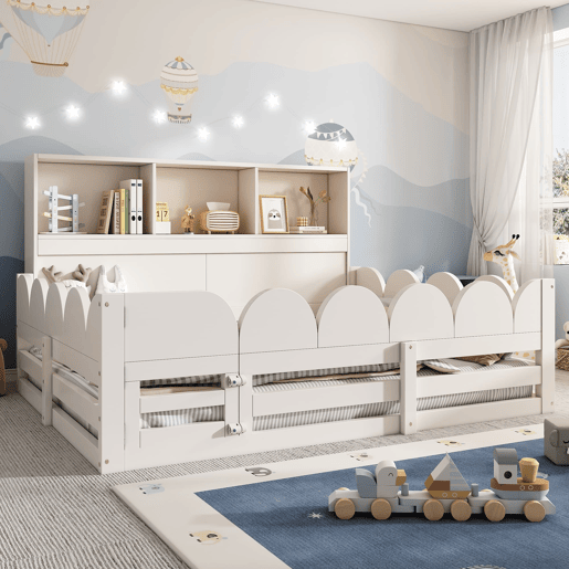 Cama infantil 140x200 - Proteção contra quedas, porta e prateleira, área segura para dormir e brincar para irmãos - Branco
