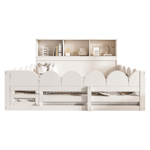 Cama infantil 140x200 - Proteção contra quedas, porta e prateleira, área segura para dormir e brincar para irmãos - Branco