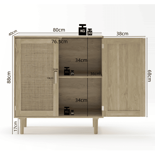Armário de arrumação com 2 portas, 80 cm - rattan, para sala de estar, sala de jantar, hall de entrada - cor natural Armário de arrumação com 2 portas, 80 cm - rattan, para sala de estar, sala de jantar, hall de entrada - cor natural