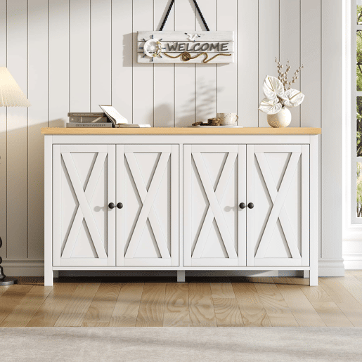Aparador moderno 140 x 40 x 78 cm - 4 portas, puxadores redondos pretos, 2 compartimentos, MDF - branco Aparador moderno 140 x 40 x 78 cm - 4 portas, puxadores redondos pretos, 2 compartimentos, MDF - branco