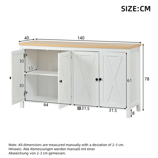 Aparador moderno 140 x 40 x 78 cm - 4 portas, puxadores redondos pretos, 2 compartimentos, MDF - branco Aparador moderno 140 x 40 x 78 cm - 4 portas, puxadores redondos pretos, 2 compartimentos, MDF - branco