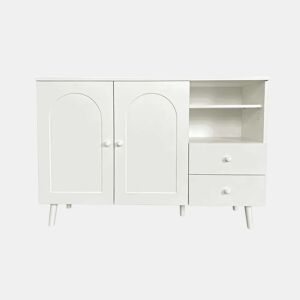 Aparador de 118 cm - portas curvas, 2 gavetas, 2 compartimentos abertos, puxadores e pés em madeira - Branco