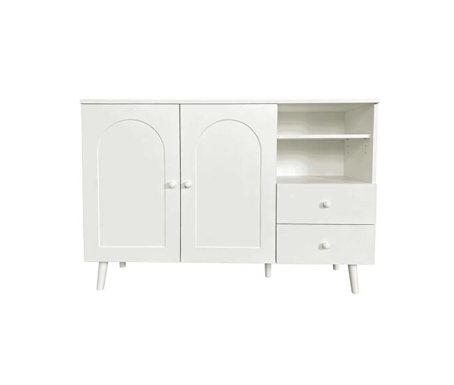 Aparador 118 cm - puertas curvadas, 2 cajones, 2 compartimentos abiertos, tiradores y patas de madera - blanco
