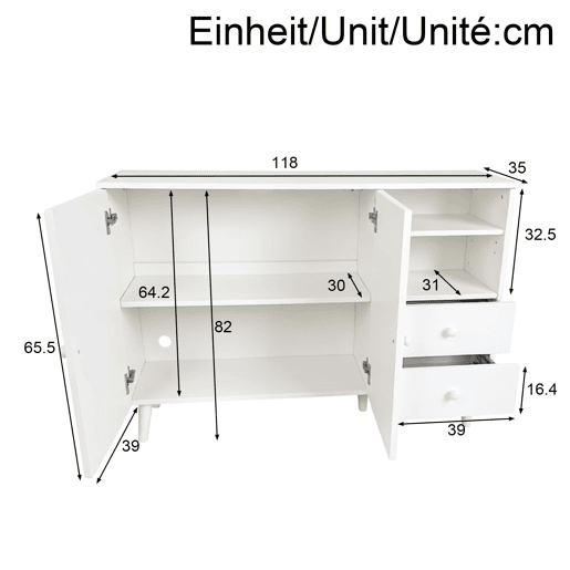 Aparador de 118 cm - portas curvas, 2 gavetas, 2 compartimentos abertos, puxadores e pés em madeira - Branco Aparador de 118 cm - portas curvas, 2 gavetas, 2 compartimentos abertos, puxadores e pés em madeira - Branco
