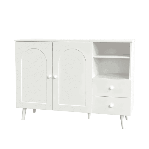 Aparador de 118 cm - portas curvas, 2 gavetas, 2 compartimentos abertos, puxadores e pés em madeira - Branco Aparador de 118 cm - portas curvas, 2 gavetas, 2 compartimentos abertos, puxadores e pés em madeira - Branco