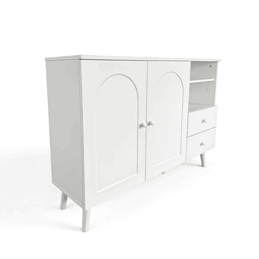 Aparador de 118 cm - portas curvas, 2 gavetas, 2 compartimentos abertos, puxadores e pés em madeira - Branco Aparador de 118 cm - portas curvas, 2 gavetas, 2 compartimentos abertos, puxadores e pés em madeira - Branco