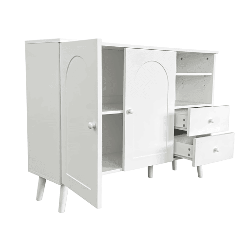 Aparador de 118 cm - portas curvas, 2 gavetas, 2 compartimentos abertos, puxadores e pés em madeira - Branco Aparador de 118 cm - portas curvas, 2 gavetas, 2 compartimentos abertos, puxadores e pés em madeira - Branco
