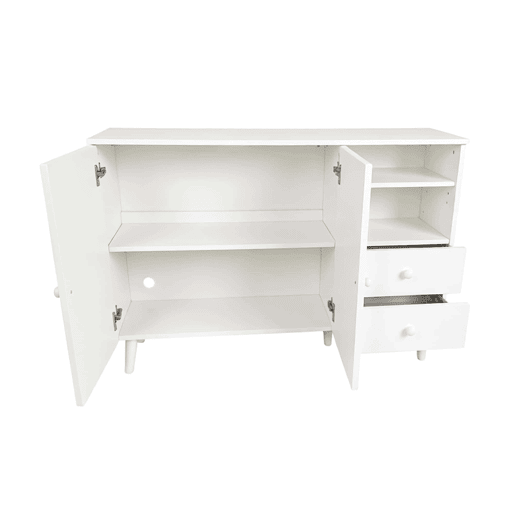 Aparador de 118 cm - portas curvas, 2 gavetas, 2 compartimentos abertos, puxadores e pés em madeira - Branco Aparador de 118 cm - portas curvas, 2 gavetas, 2 compartimentos abertos, puxadores e pés em madeira - Branco
