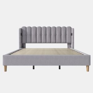 Cama estofada 180 x 200 cm - Dupla com porta USB Tipo C, com base incluída, cabeceira almofadada - Cinza