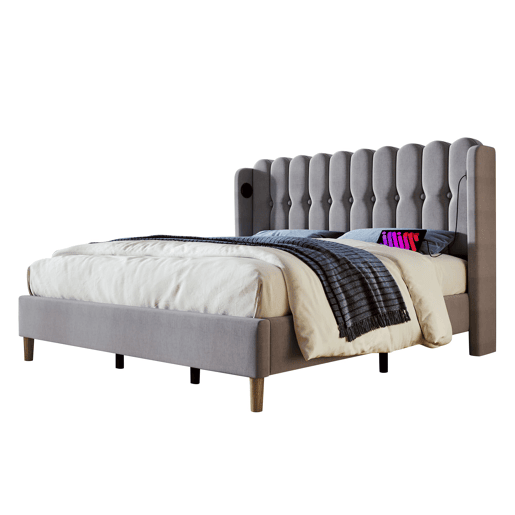 Cama estofada 180 x 200 cm - Dupla com porta USB Tipo C, com base incluída, cabeceira almofadada - Cinza
