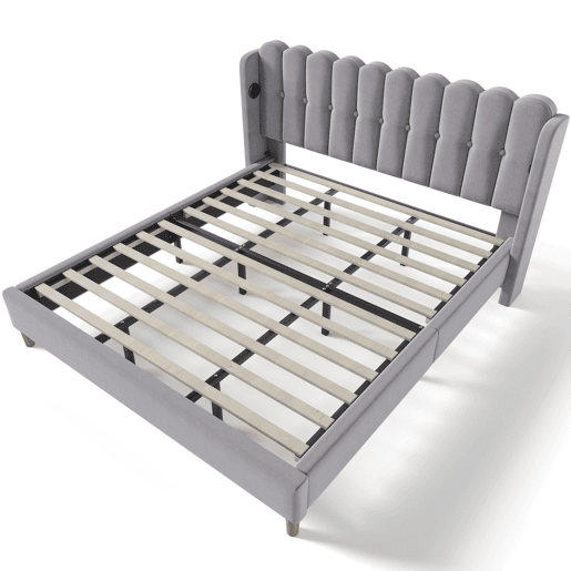 Cama estofada 180 x 200 cm - Dupla com porta USB Tipo C, com base incluída, cabeceira almofadada - Cinza