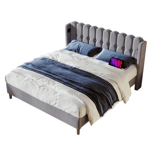 Cama estofada 180 x 200 cm - Dupla com porta USB Tipo C, com base incluída, cabeceira almofadada - Cinza