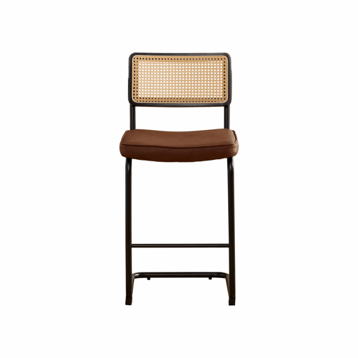 Conjunto de 2 bancos de bar modernos - design de alto brilho, estofados em couro sintético PU de estilo vintage, sem braços, encosto com estrutura em madeira e efeito rattan, pernas metálicas lacadas - Castanho Conjunto de 2 bancos de bar modernos - design de alto brilho, estofados em couro sintético PU de estilo vintage, sem braços, encosto com estrutura em madeira e efeito rattan, pernas metálicas lacadas - Castanho