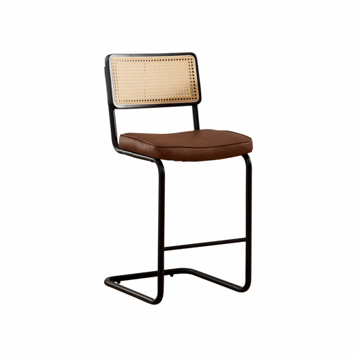 Conjunto de 2 bancos de bar modernos - design de alto brilho, estofados em couro sintético PU de estilo vintage, sem braços, encosto com estrutura em madeira e efeito rattan, pernas metálicas lacadas - Castanho Conjunto de 2 bancos de bar modernos - design de alto brilho, estofados em couro sintético PU de estilo vintage, sem braços, encosto com estrutura em madeira e efeito rattan, pernas metálicas lacadas - Castanho