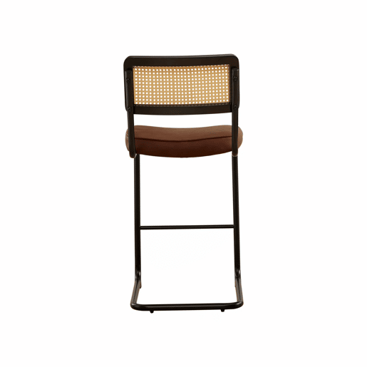Conjunto de 2 bancos de bar modernos - design de alto brilho, estofados em couro sintético PU de estilo vintage, sem braços, encosto com estrutura em madeira e efeito rattan, pernas metálicas lacadas - Castanho Conjunto de 2 bancos de bar modernos - design de alto brilho, estofados em couro sintético PU de estilo vintage, sem braços, encosto com estrutura em madeira e efeito rattan, pernas metálicas lacadas - Castanho