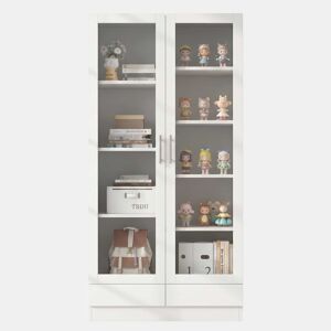 Vitrine 80×40×160 cm - com portas de vidro, 2 gavetas e armário de arrumação multifuncional - Branco