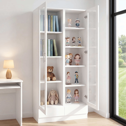 Vitrine 80×40×160 cm - com portas de vidro, 2 gavetas e armário de arrumação multifuncional - Branco Vitrine 80×40×160 cm - com portas de vidro, 2 gavetas e armário de arrumação multifuncional - Branco
