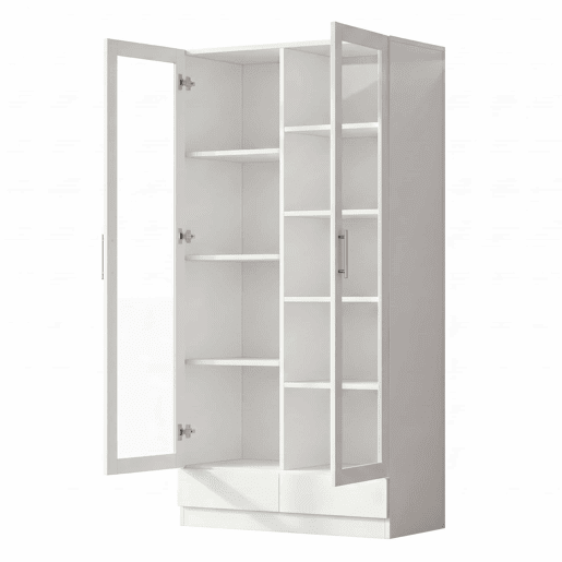 Vitrine 80×40×160 cm - com portas de vidro, 2 gavetas e armário de arrumação multifuncional - Branco Vitrine 80×40×160 cm - com portas de vidro, 2 gavetas e armário de arrumação multifuncional - Branco