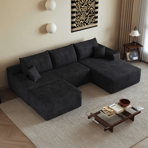 Sofá modular de canto de 270 cm - 3 lugares, chaise longue em L, assento profundo - Preto