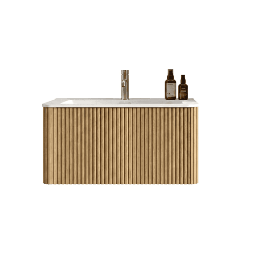 Móvel de casa de banho com lavatório de 81 cm u2013 suspenso, com lavatório em resina mineral, design com ranhuras, pré-montado u2013 carvalho Móvel de casa de banho com lavatório de 81 cm u2013 suspenso, com lavatório em resina mineral, design com ranhuras, pré-montado u2013 carvalho