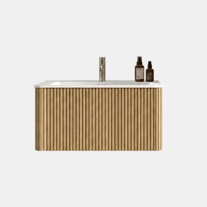 Móvel de casa de banho com lavatório de 81 cm u2013 suspenso, com lavatório em resina mineral, design com ranhuras, pré-montado u2013 carvalho