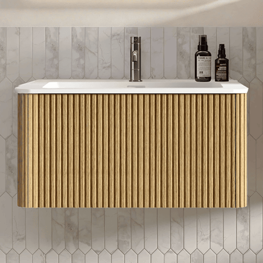 Móvel de casa de banho com lavatório de 81 cm u2013 suspenso, com lavatório em resina mineral, design com ranhuras, pré-montado u2013 carvalho Móvel de casa de banho com lavatório de 81 cm u2013 suspenso, com lavatório em resina mineral, design com ranhuras, pré-montado u2013 carvalho