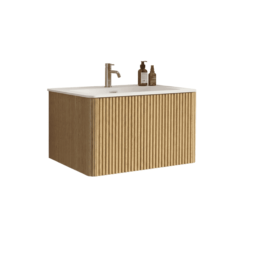 Móvel de casa de banho com lavatório de 81 cm u2013 suspenso, com lavatório em resina mineral, design com ranhuras, pré-montado u2013 carvalho Móvel de casa de banho com lavatório de 81 cm u2013 suspenso, com lavatório em resina mineral, design com ranhuras, pré-montado u2013 carvalho