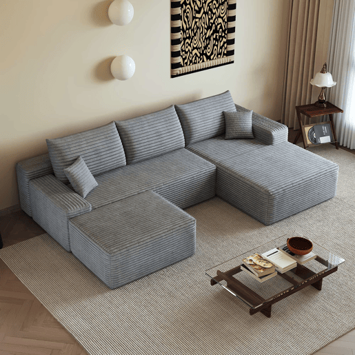 Sofá modular de canto de 270 cm - chaise longue em L, assento profundo, modular - Cinzento