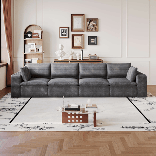 Sofá modular de veludo de 340 cm - design de dupla camada, almofadas removíveis, 4 lugares - Cinza escuro Sofá modular de veludo de 340 cm - design de dupla camada, almofadas removíveis, 4 lugares - Cinza escuro