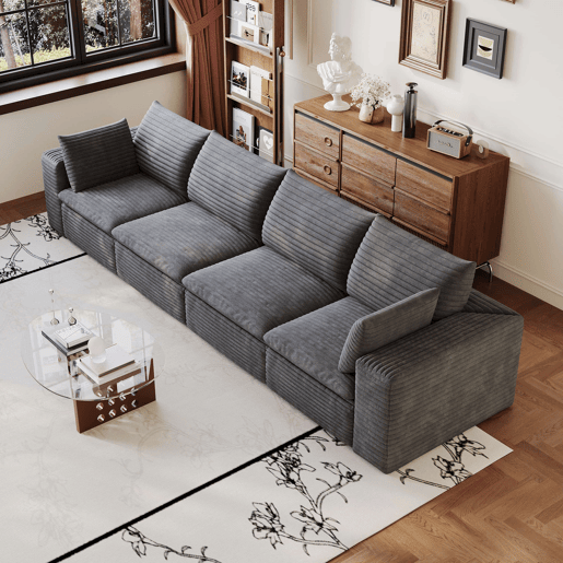 Sofá modular de veludo de 340 cm - design de dupla camada, almofadas removíveis, 4 lugares - Cinza escuro Sofá modular de veludo de 340 cm - design de dupla camada, almofadas removíveis, 4 lugares - Cinza escuro