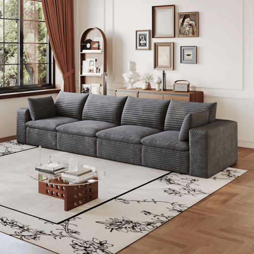 Sofá modular de veludo de 340 cm - design de dupla camada, almofadas removíveis, 4 lugares - Cinza escuro Sofá modular de veludo de 340 cm - design de dupla camada, almofadas removíveis, 4 lugares - Cinza escuro