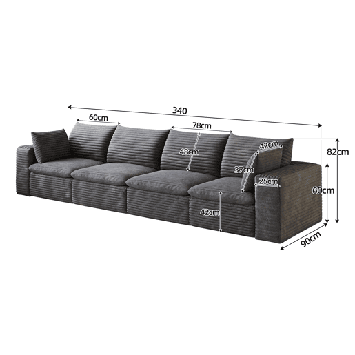 Sofá modular de veludo de 340 cm - design de dupla camada, almofadas removíveis, 4 lugares - Cinza escuro Sofá modular de veludo de 340 cm - design de dupla camada, almofadas removíveis, 4 lugares - Cinza escuro