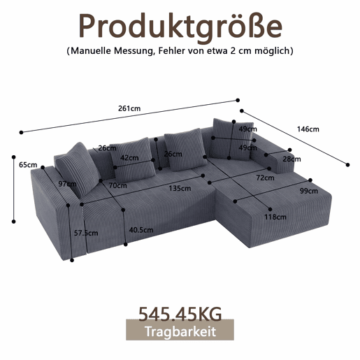 Sofá modular de 3 lugares - modelo Cloud em L, moderno, com assento profundo e estofado - Cinzento