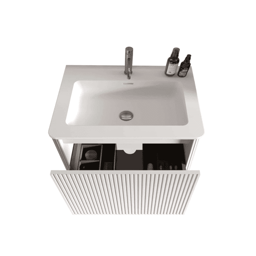 Móvel de casa de banho com lavatório de 61 cm u2013 suspenso, lavatório em resina mineral com design ranhurado para casas de banho pequenas u2013 branco
