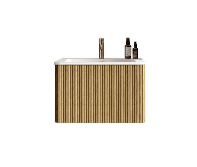 Mueble de baño con lavabo 61cm - suspendido con lavabo de mineral fundido, diseño ranurado, premontado - color roble natural