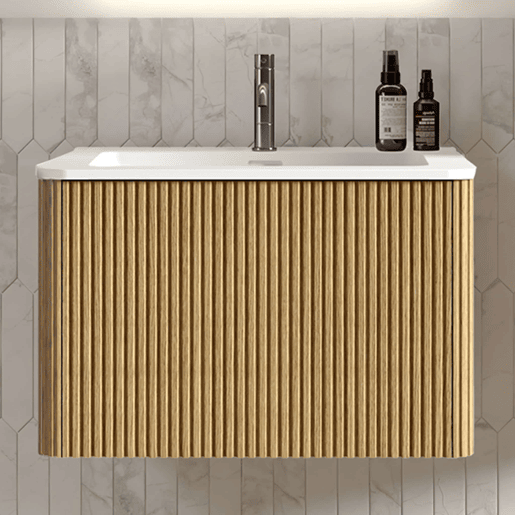 Móvel de casa de banho com lavatório de 61 cm u2013 suspenso, com lavatório em mineral fundido, design ranhurado, pré-montado u2013 cor carvalho natural