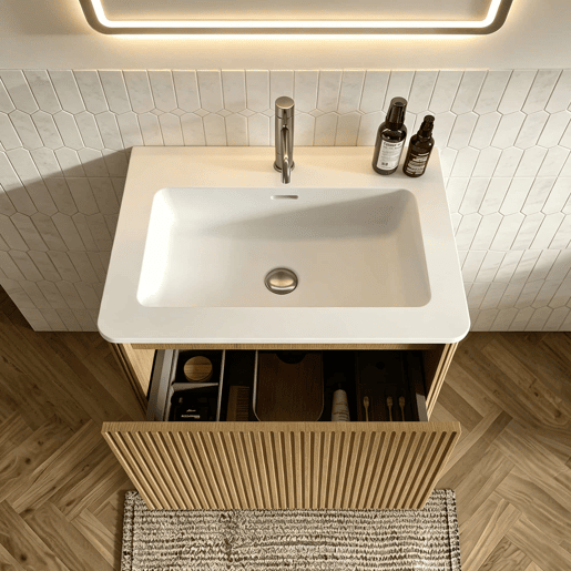 Móvel de casa de banho com lavatório de 61 cm u2013 suspenso, com lavatório em mineral fundido, design ranhurado, pré-montado u2013 cor carvalho natural