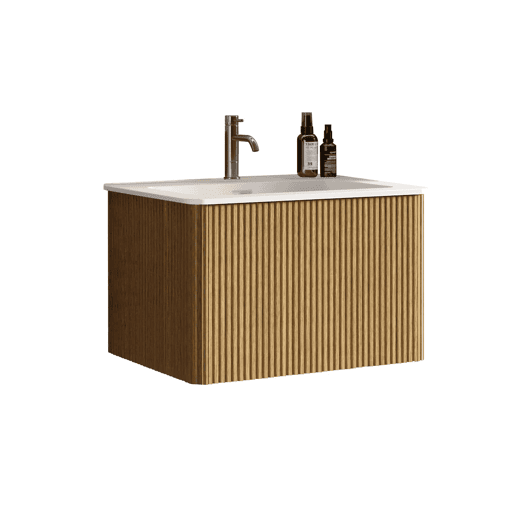 Móvel de casa de banho com lavatório de 61 cm u2013 suspenso, com lavatório em mineral fundido, design ranhurado, pré-montado u2013 cor carvalho natural