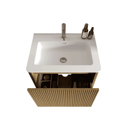 Móvel de casa de banho com lavatório de 61 cm u2013 suspenso, com lavatório em mineral fundido, design ranhurado, pré-montado u2013 cor carvalho natural