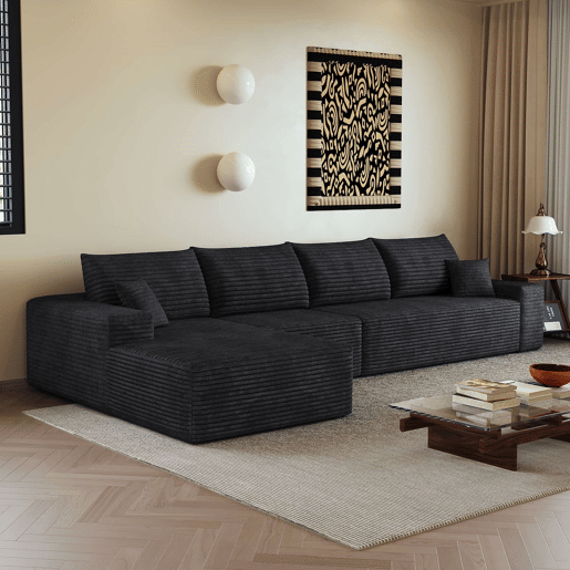 Sofá modular de canto de 340 cm - chaise longue em L, assento profundo, compacto - Preto Sofá modular de canto de 340 cm - chaise longue em L, assento profundo, compacto - Preto