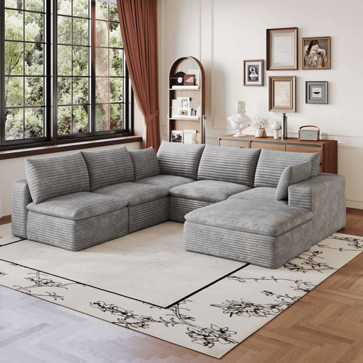 Sofá modular 260 x 250 cm - Cloud em veludo, design de dupla camada - Cinzento Sofá modular 260 x 250 cm - Cloud em veludo, design de dupla camada - Cinzento